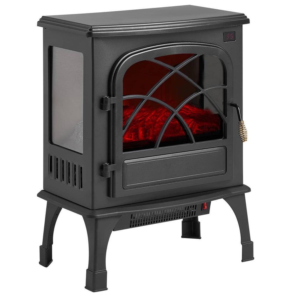 Black electric fireplace heater with arched glass door and glowing red flames, front-left angle