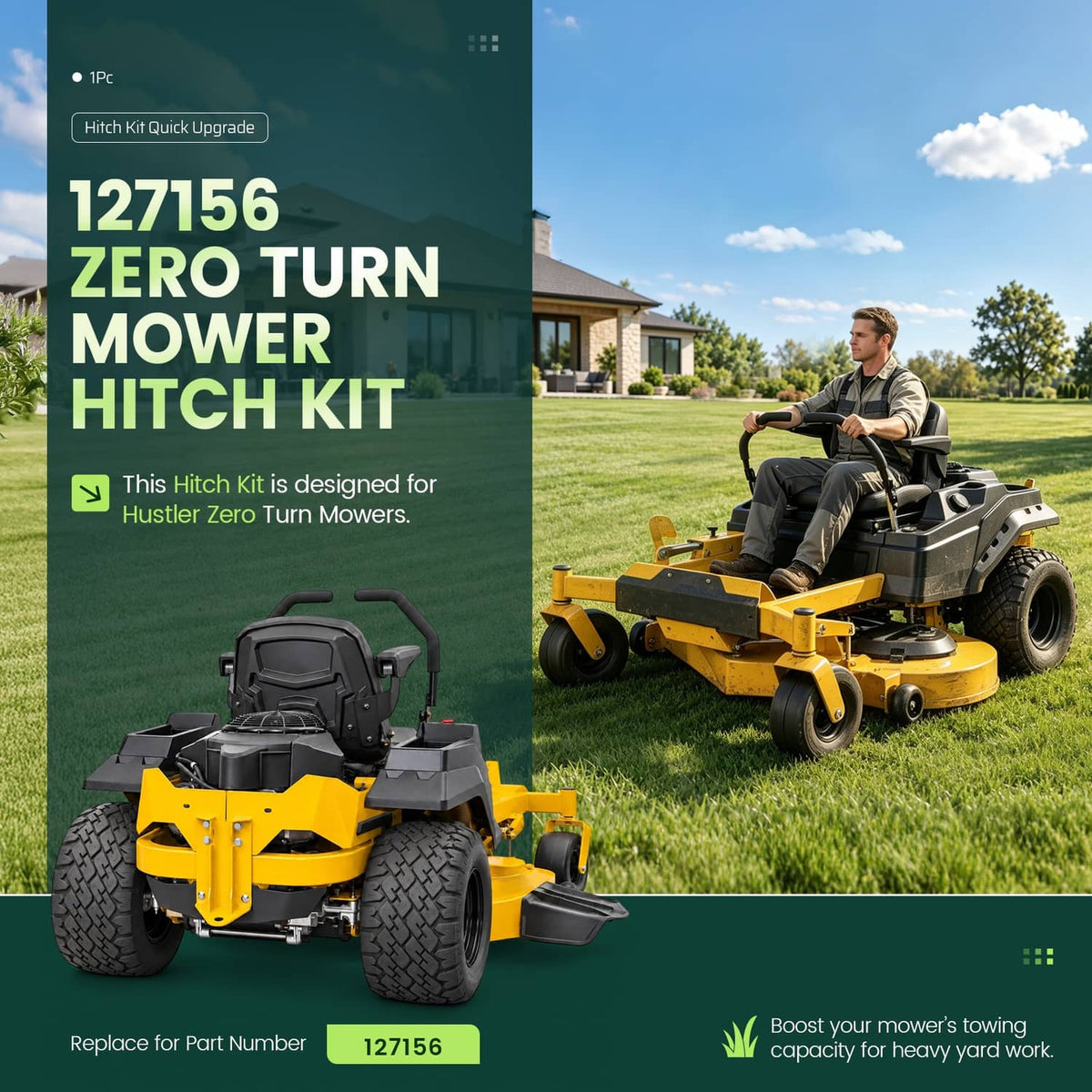 Zero-turn mower hitch kit packaging with rider mower and yellow mounting bracket
