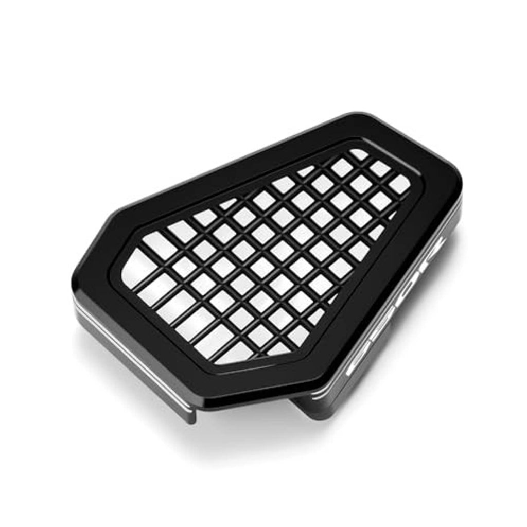 Black motorcycle brake lever extender with raised anti-slip grid pad and silver trim