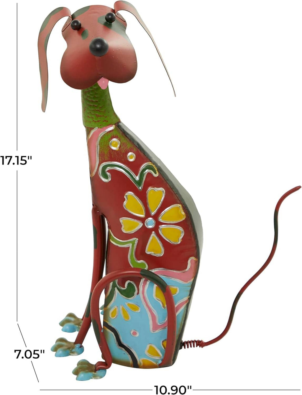 Decorative metal dog sculpture with red head, green body stripe, and floral painted details