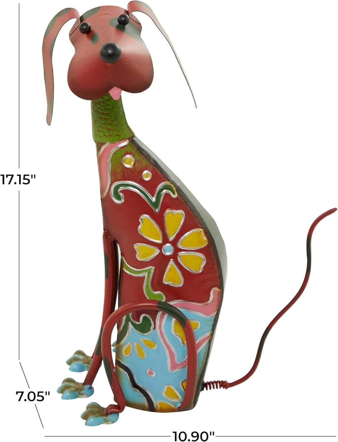 Decorative metal dog sculpture with red head, green body stripe, and floral painted details