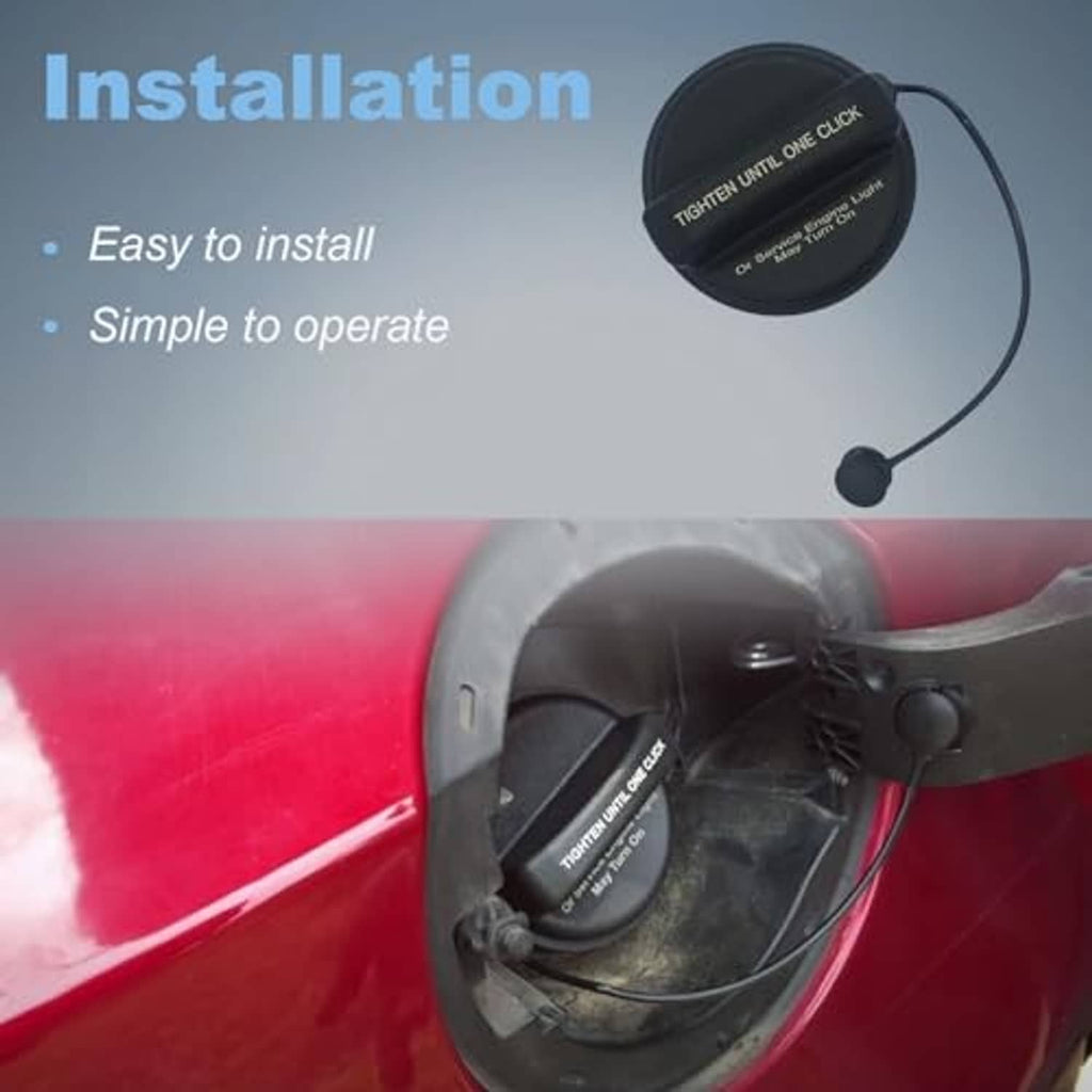 Black fuel tank filler cap with tether cord installed on vehicle filler opening