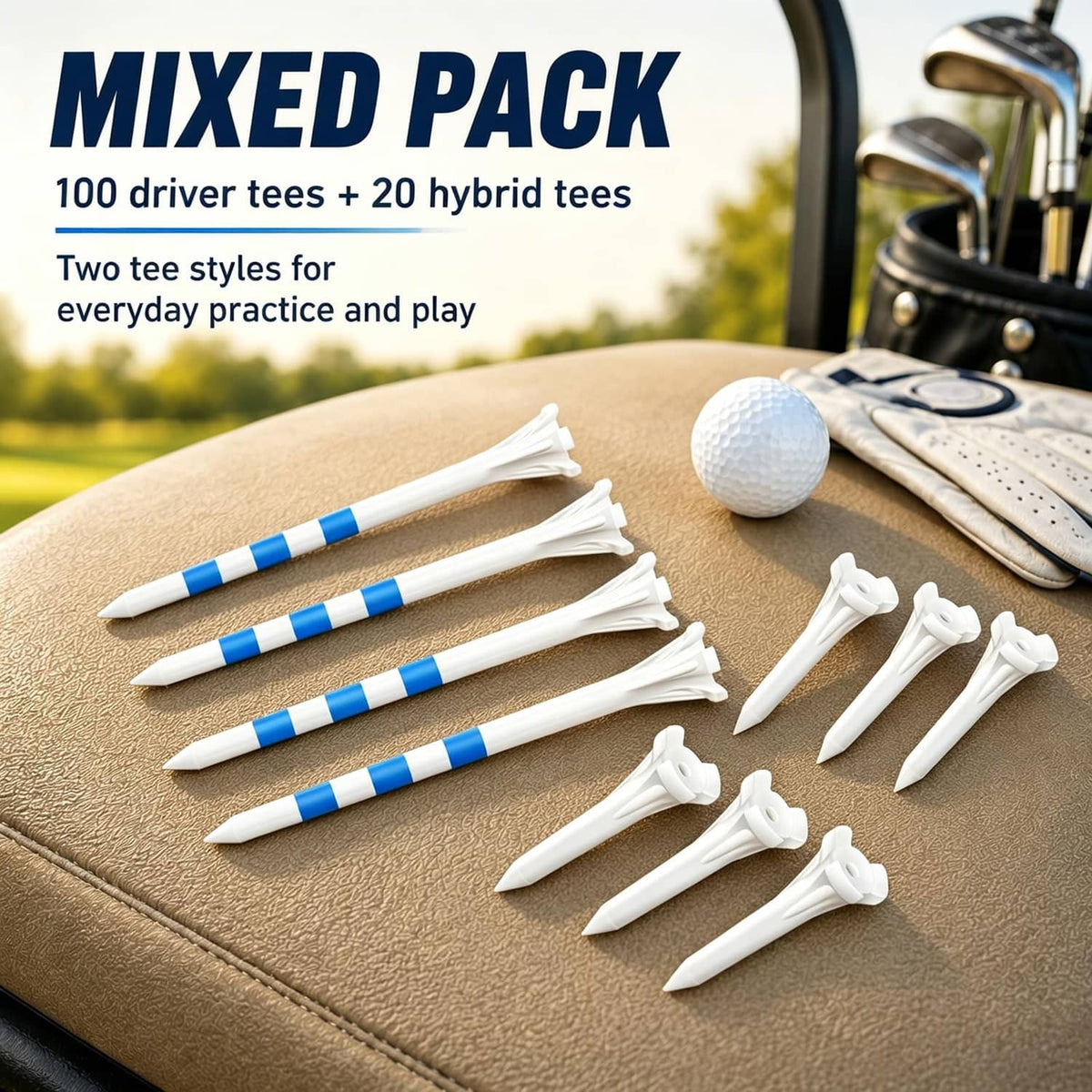 Mixed golf tee pack: driver tees and hybrid tees, white with blue stripe details