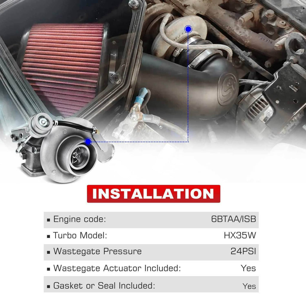 HX35W turbocharger installation view with compressor housing connected to engine intake.