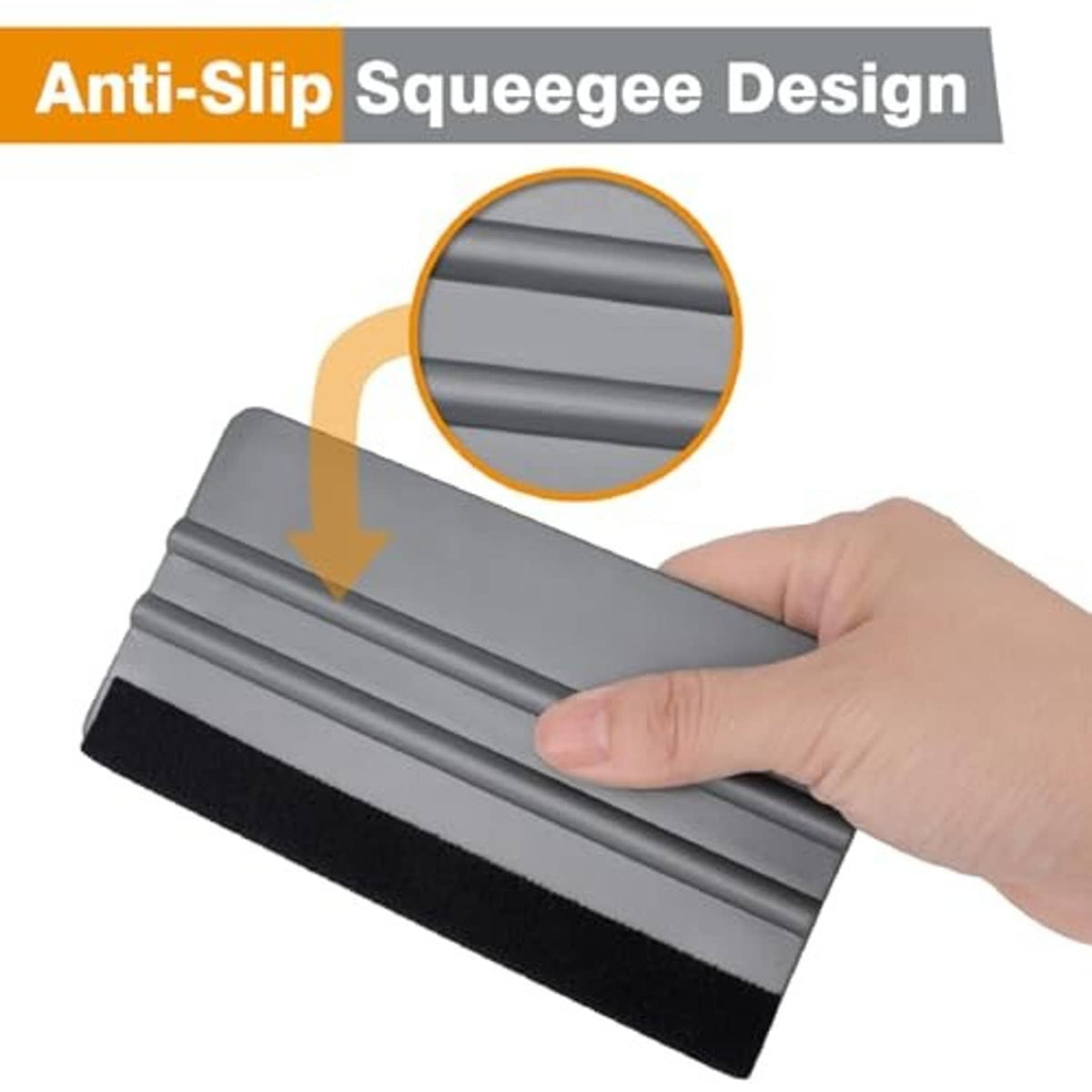 Felt window squeegee scraper with anti-slip ridged gray handle and black pad