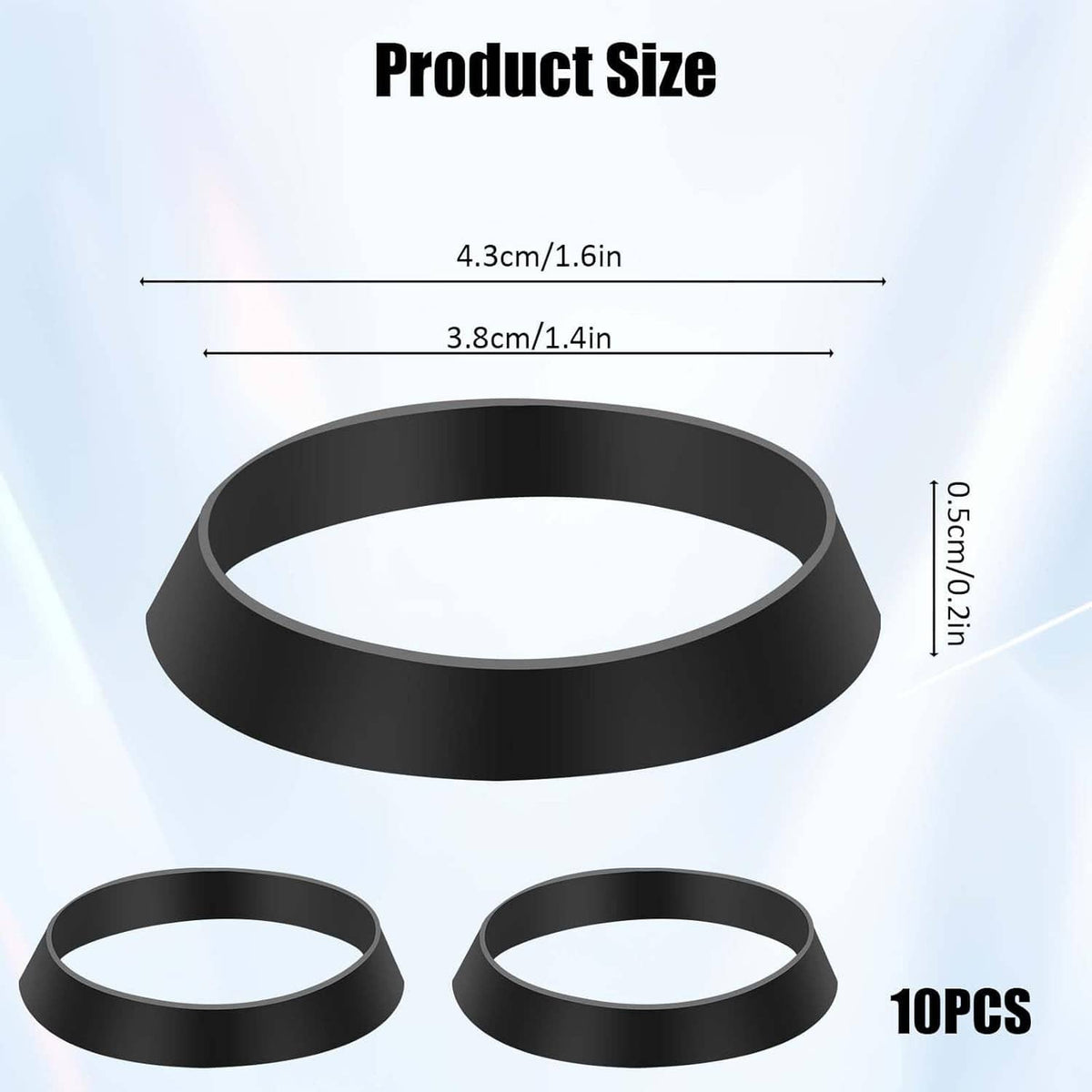 Black silicone seal ring washers with size markings, about 4.3 cm and 3.8 cm