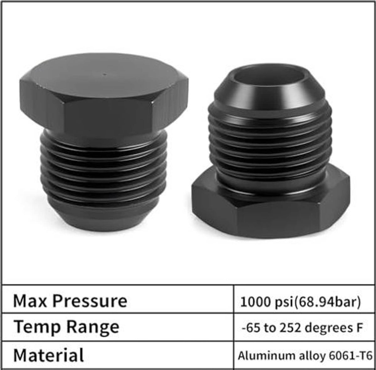 Black hex aluminum flare blanking plug fittings, open end with multiple threads.