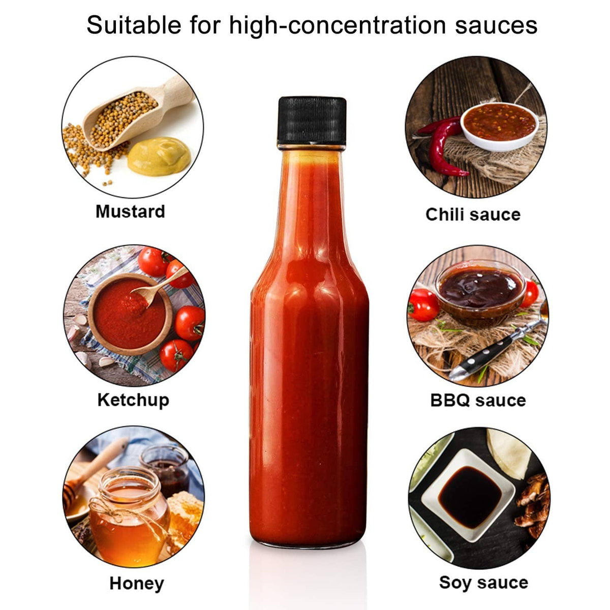 Glass hot sauce bottle with black cap, shown with label icons for various condiments