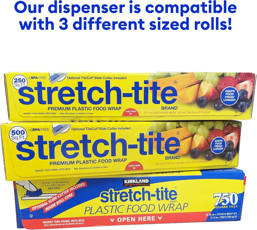 Three stretch-tite plastic wrap roll sizes shown together
