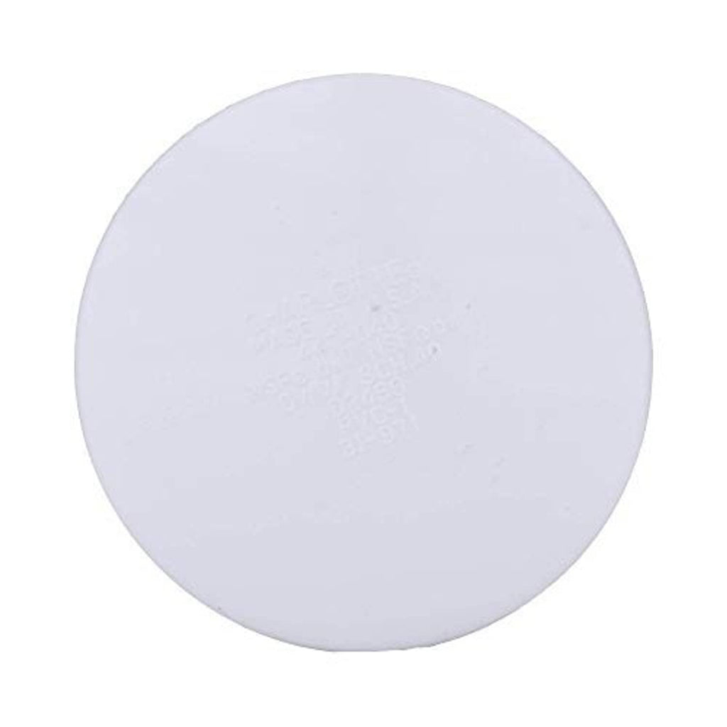 White PVC 4 in Sch 40 socket pressure cap, front face with markings