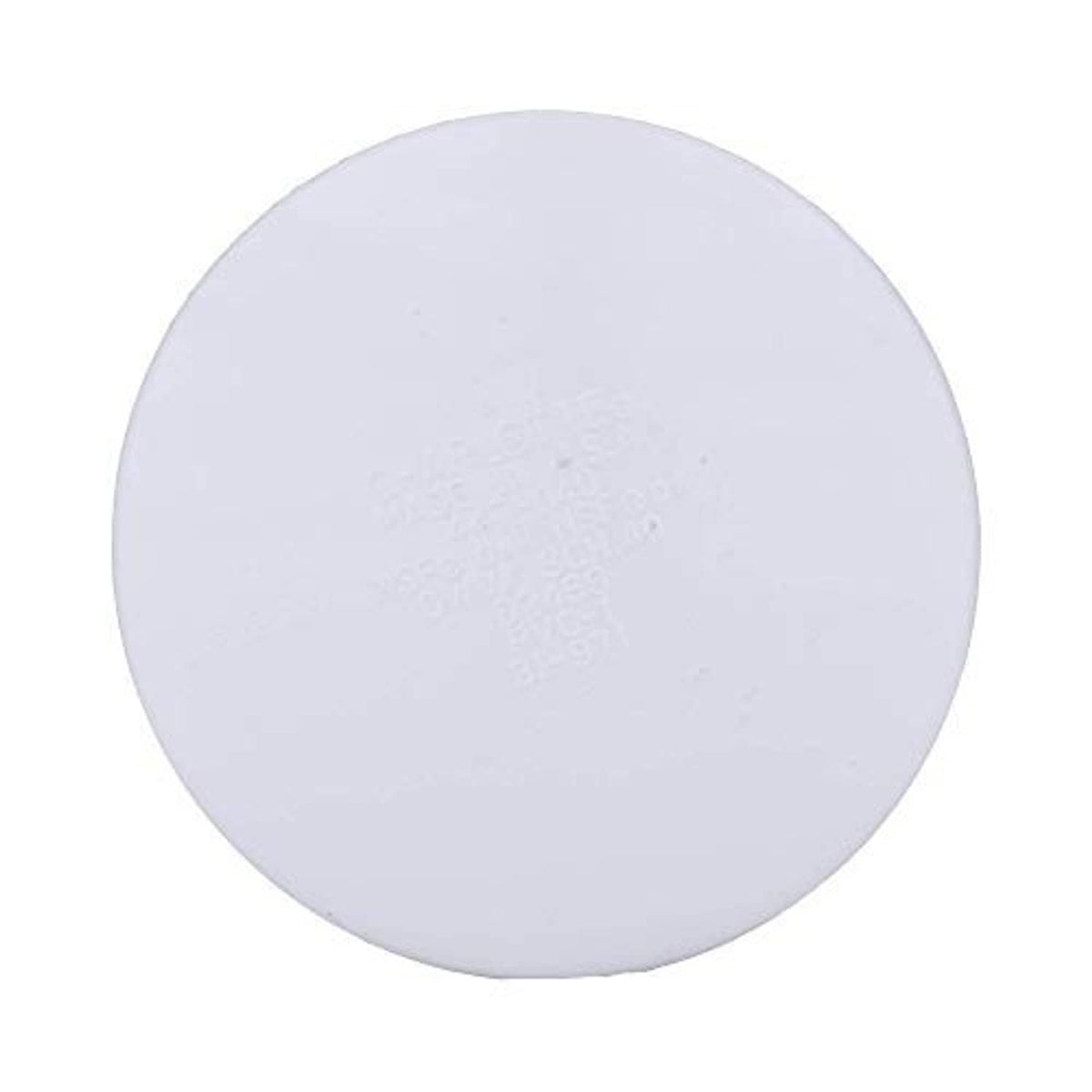 White PVC 4 in Sch 40 socket pressure cap, front face with markings