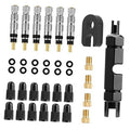 Bicycle valve core set with silver cores, black caps, O-rings, and Schrader adapter tools