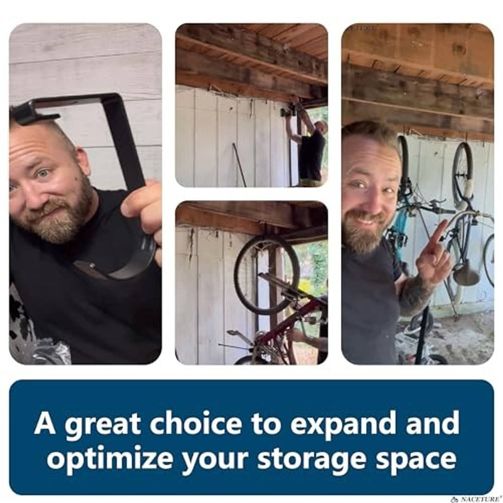 Bike rack hooks with curved cradle ends mounted on garage ceiling storage