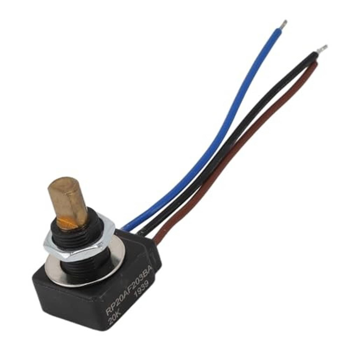 Adjustable resistor with brass screw and black base, featuring blue and brown insulated leads