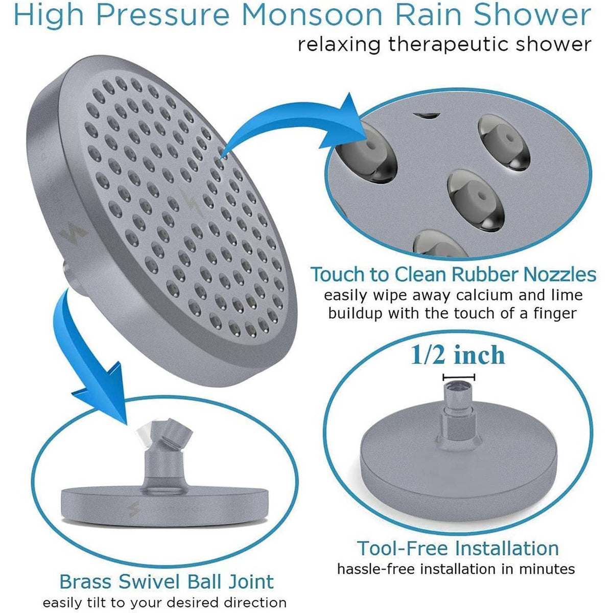 Charcoal grey 6-inch rain shower head with touch-clean rubber nozzle face