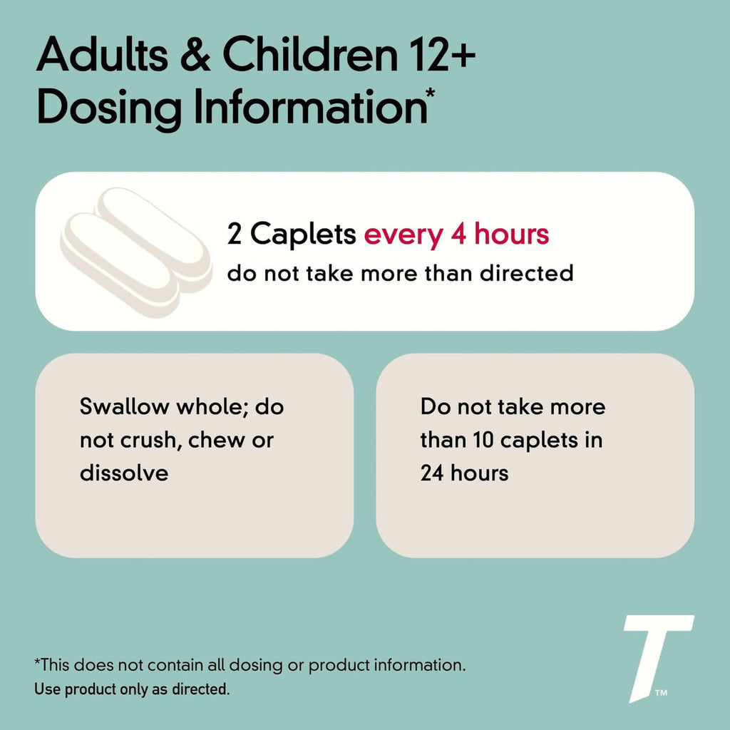 Tylenol Cold + Flu Severe dosing info panel: adults & children 12+, 2 caplets every 4 hours.