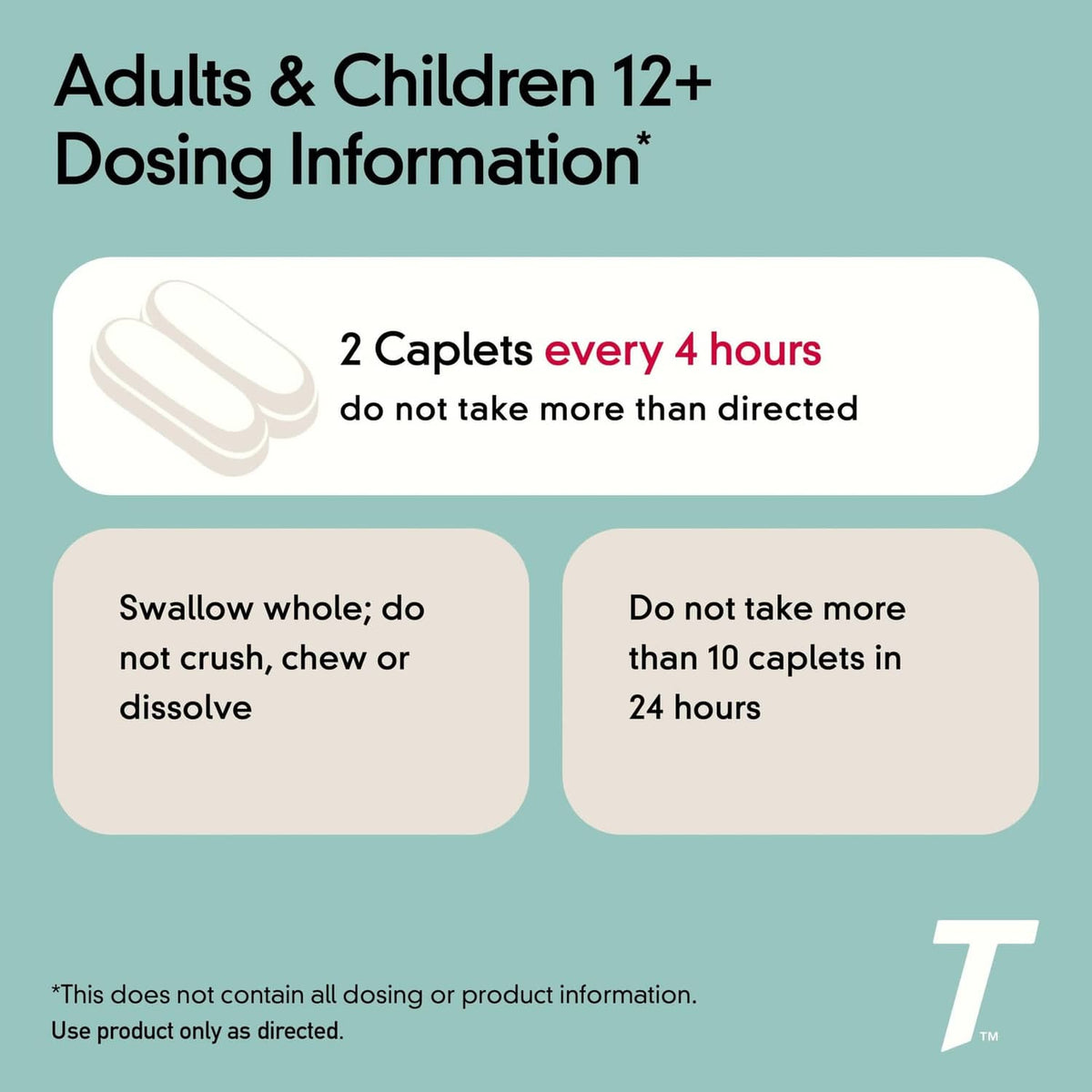 Tylenol Cold + Flu Severe dosing info panel: adults & children 12+, 2 caplets every 4 hours.