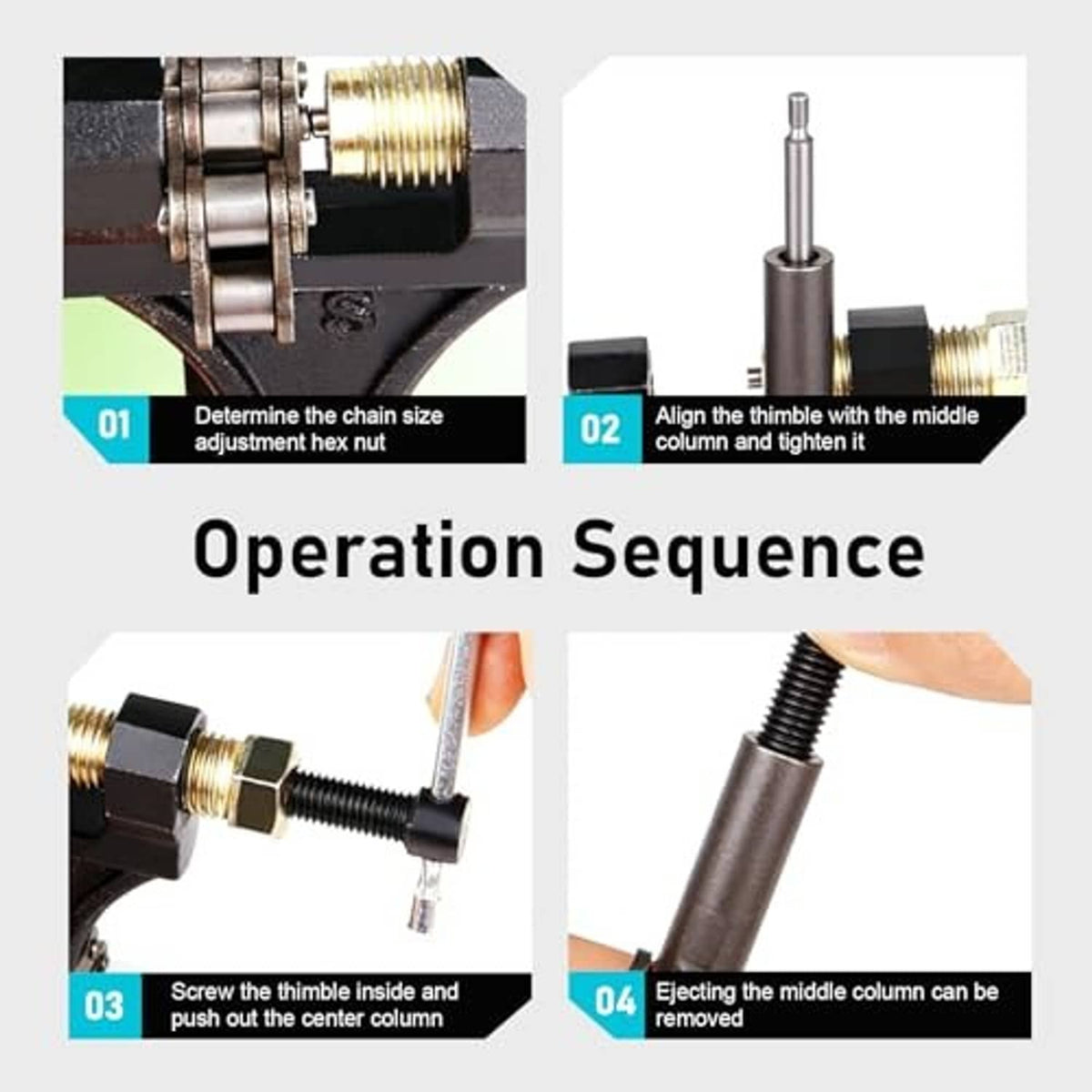 Chain breaker tool operation view with threaded screw, pin, and housing