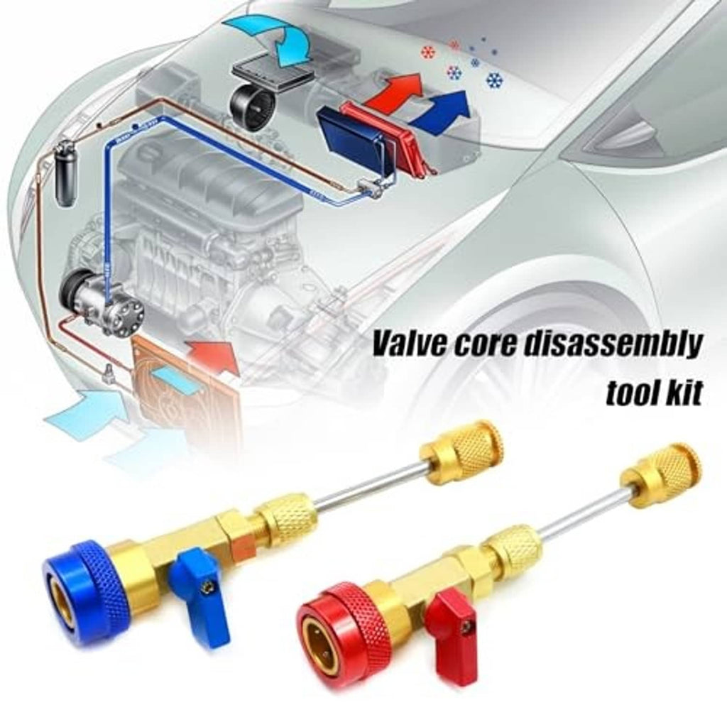 AC valve core disassembly tool set with red and blue brass fittings and rods