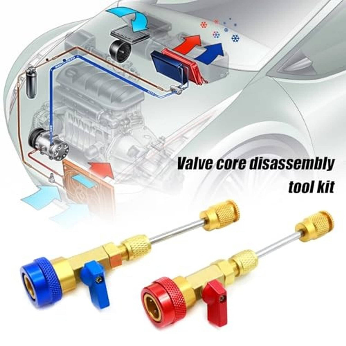 AC valve core disassembly tool set with red and blue brass fittings and rods