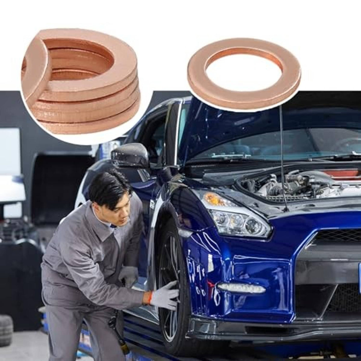 Copper oil drain plug crush washer inset showing flat circular ring gasket.