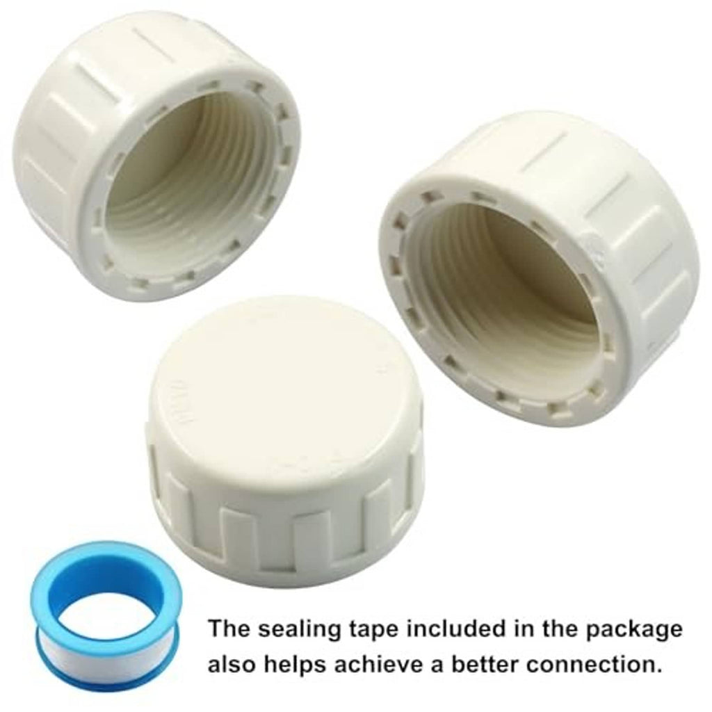 White PVC female-thread end caps with blue sealing tape included, threaded openings visible