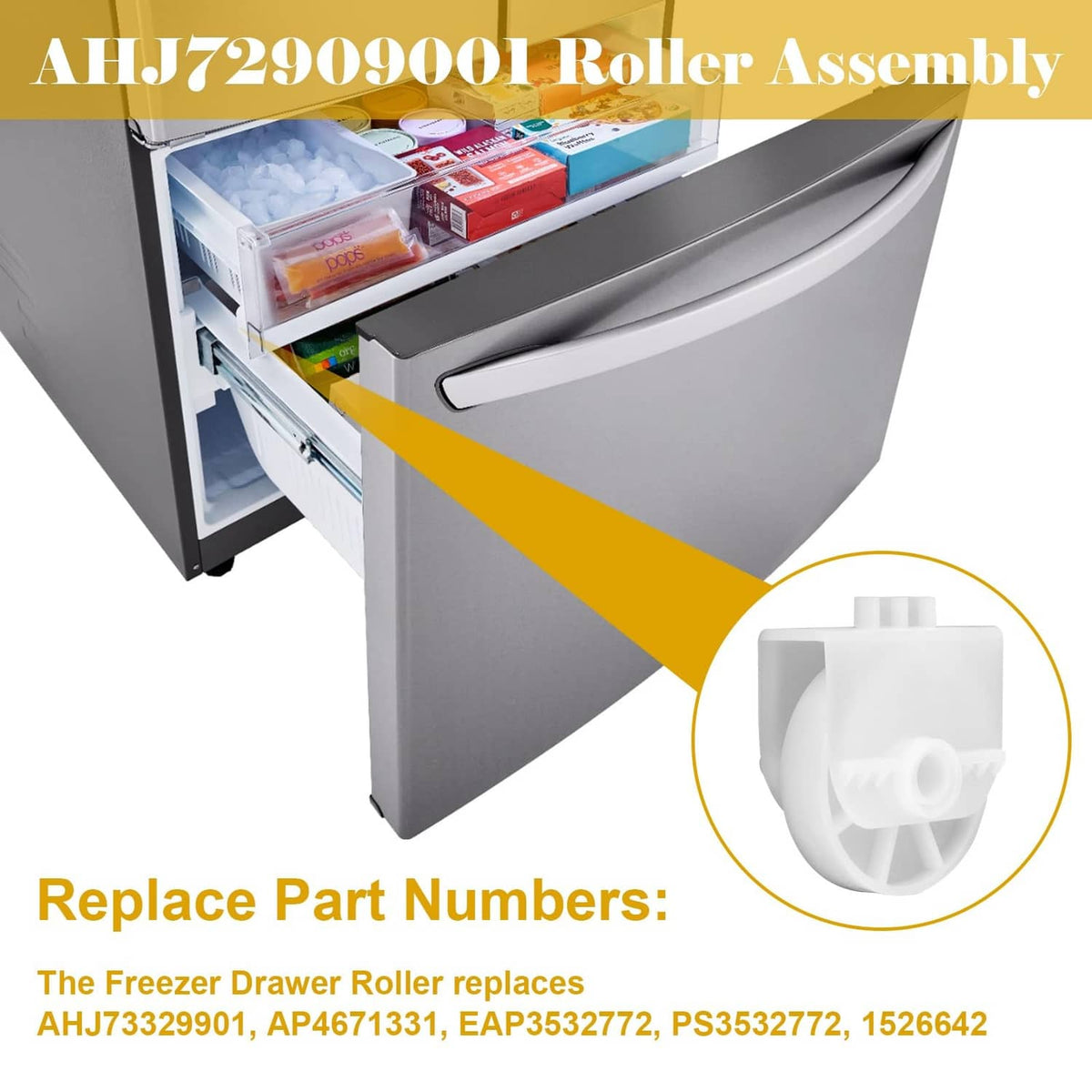 Freezer drawer roller assembly showing wheel mechanism detail for easy sliding.