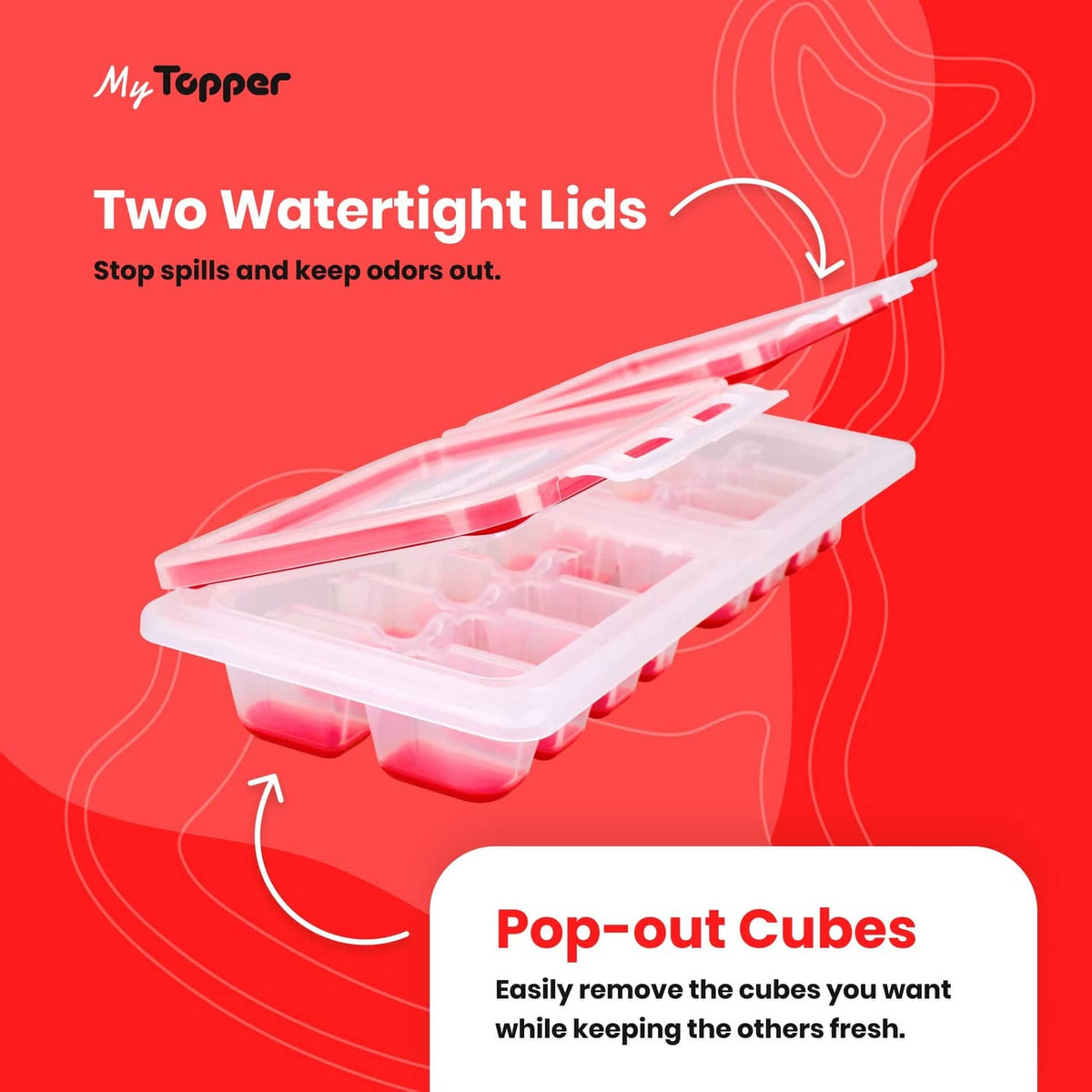 Ice cube tray with two attached lids, clear body and red sealed rims for freshness.
