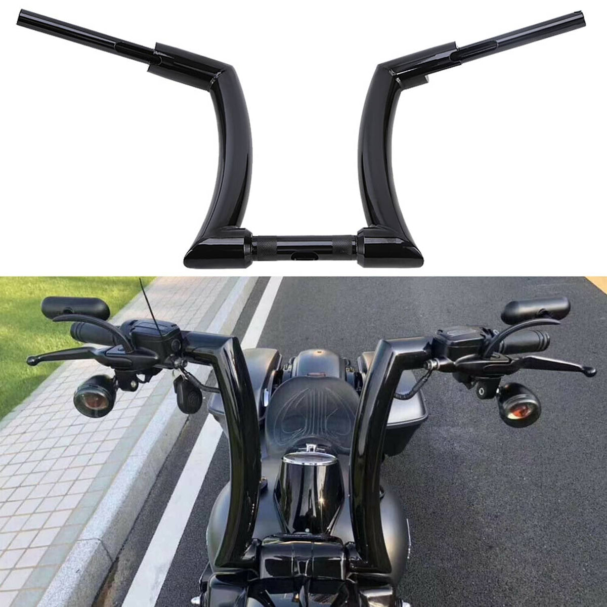 Black ape hanger handlebar set with 14-inch rise installed on motorcycle