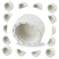 Set of white PVC pipe end caps with female threaded openings
