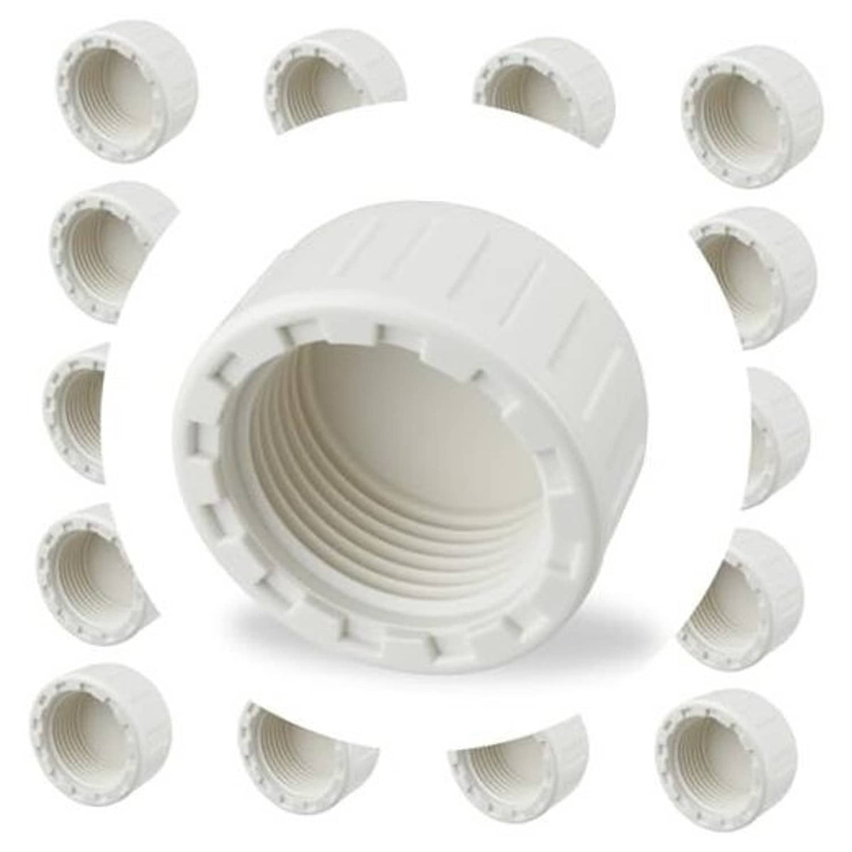 Set of white PVC pipe end caps with female threaded openings