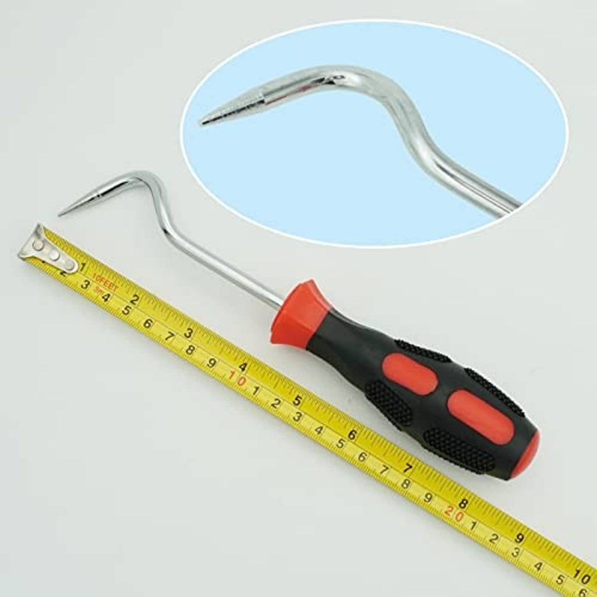 Hose removal hook tool with stainless hook; yellow measuring tape for size reference