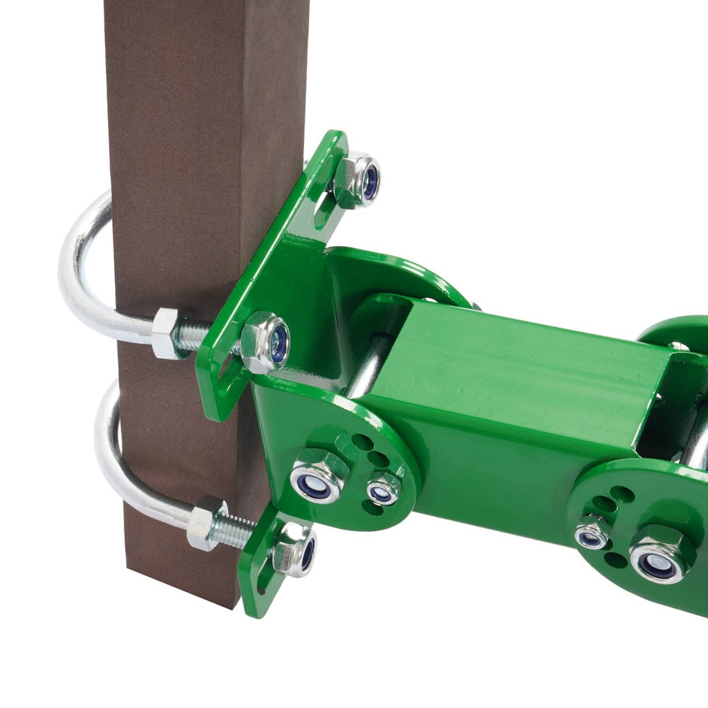 Close-up of green mounting bar with rollers, U-clamps, and bolts for secure fit