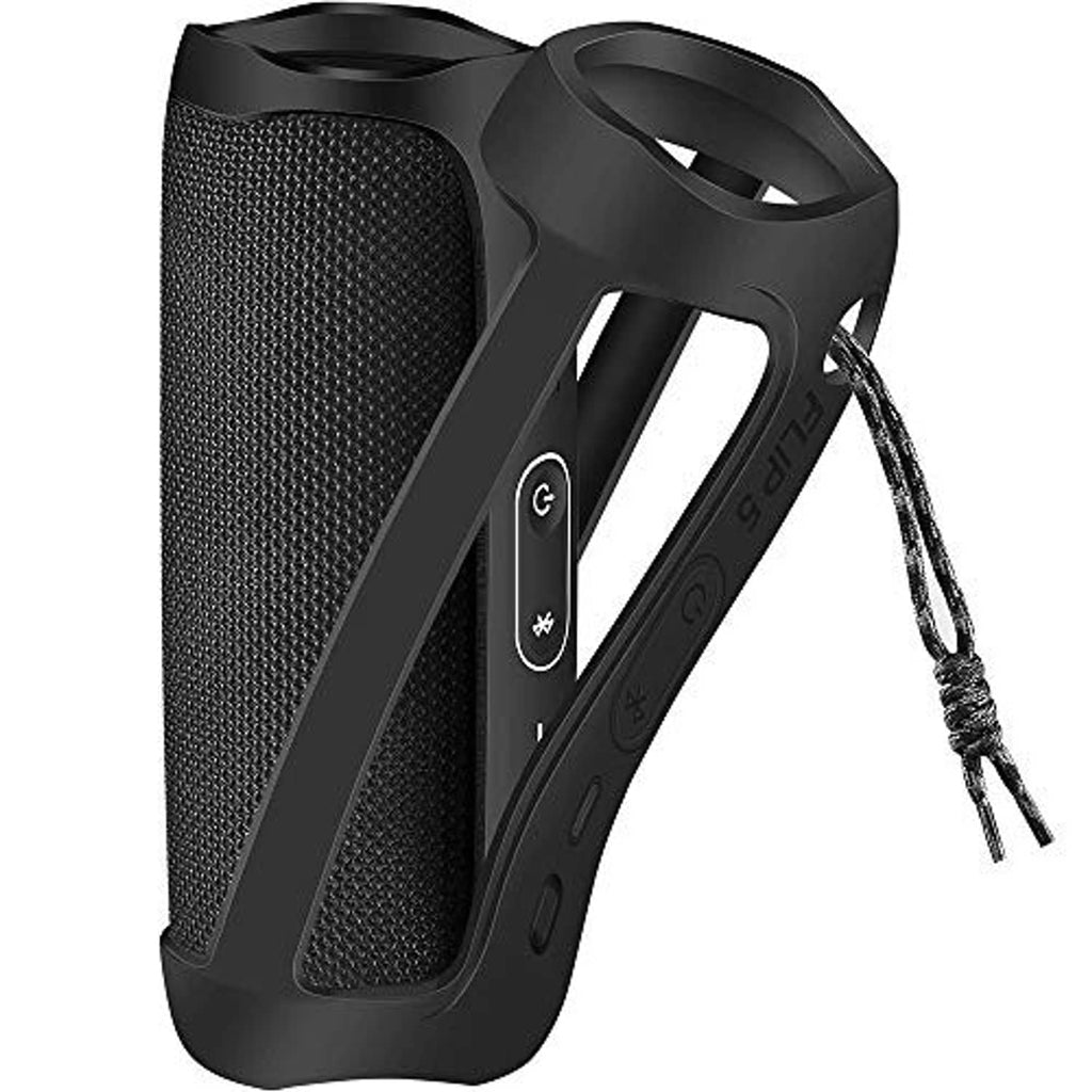 Black silicone speaker case with textured side panel and strap loop for JBL FLIP 5