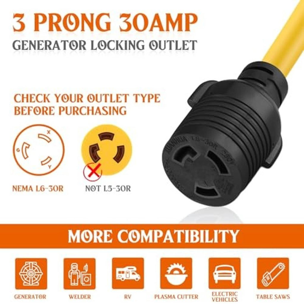Yellow generator extension cord with black L6-30R locking 3-prong outlet connector