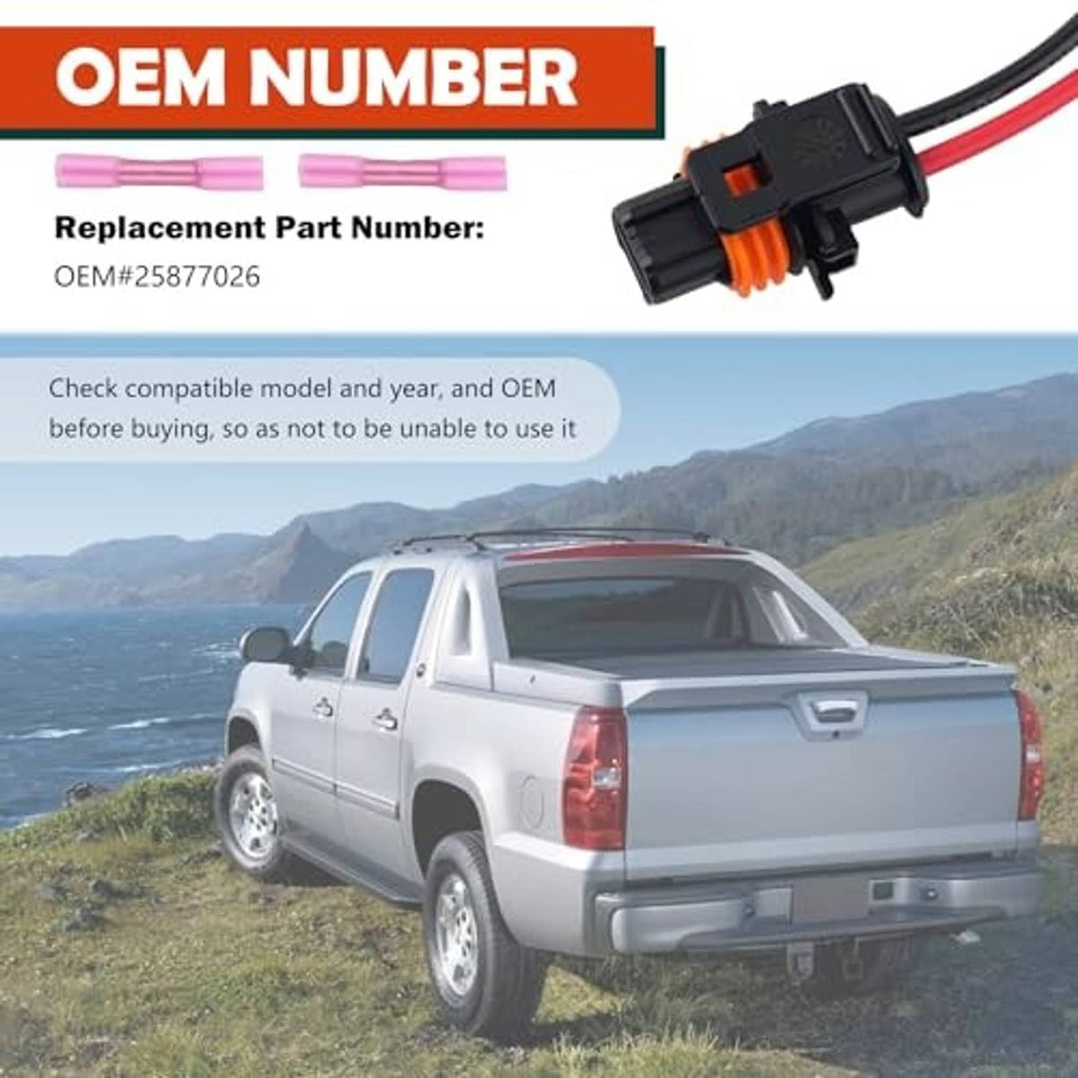 Alternator connector pigtail harness with black housing and red wire, orange insert, pink terminals