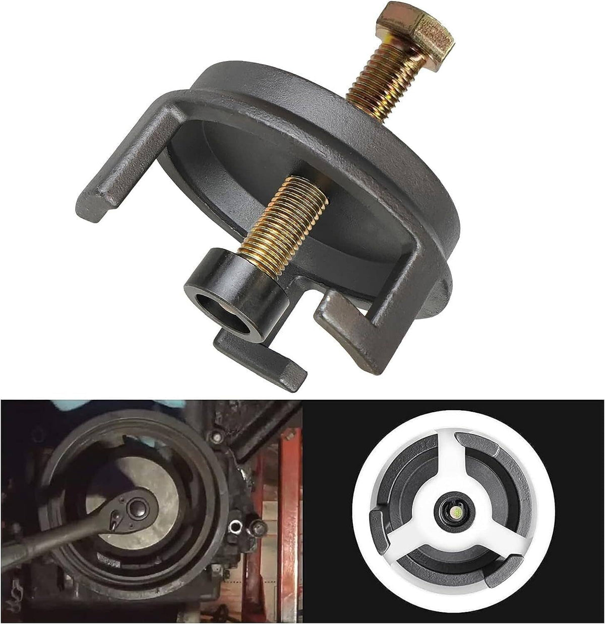 Circular harmonic balancer puller clamp with gold threaded center screw