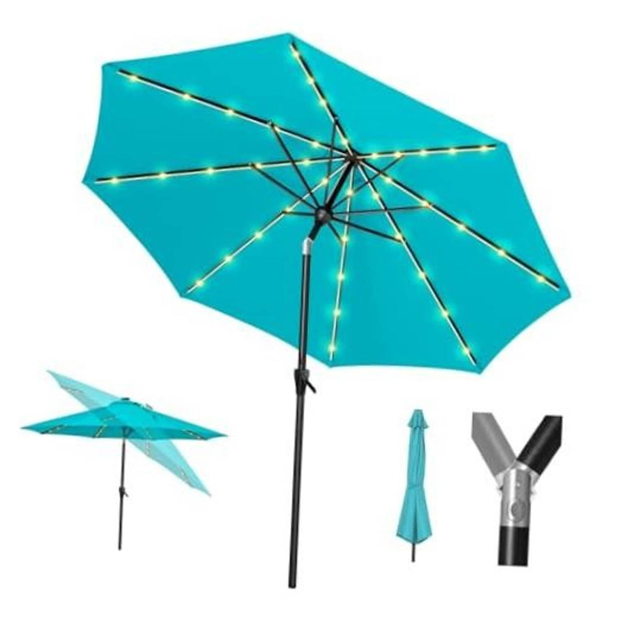 Turquoise outdoor patio umbrella with warm LED light strings, open canopy on stand