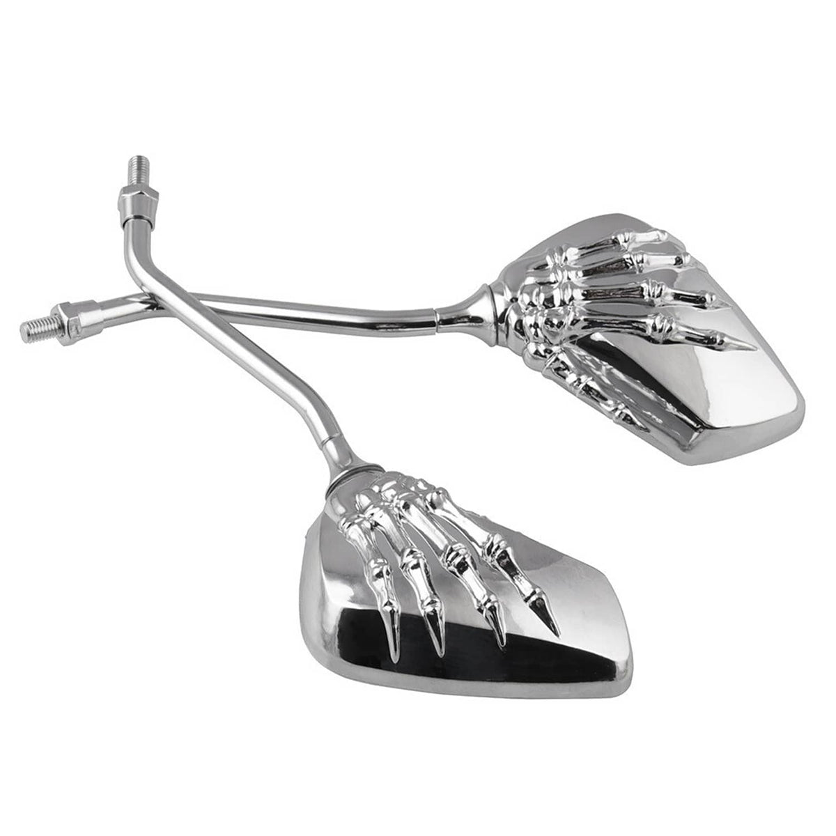 Chrome skull-hand motorcycle side mirror with sculpted claw housing and threaded stem