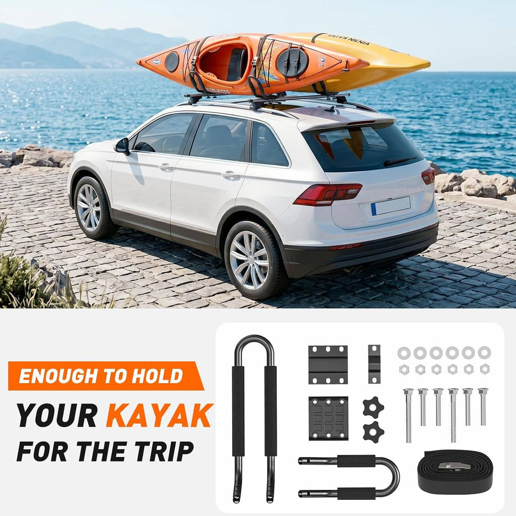 Kayak roof rack with foam-padded cradles, mounting plates, straps, and hardware