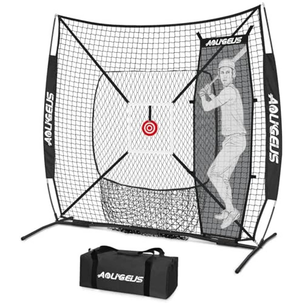 Black baseball practice net with target and standing gray dummy batter, plus carry bag
