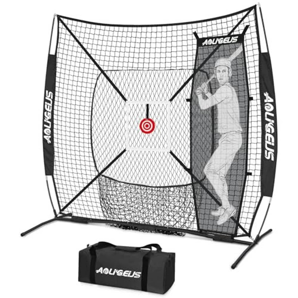 Black baseball practice net with target and standing gray dummy batter, plus carry bag