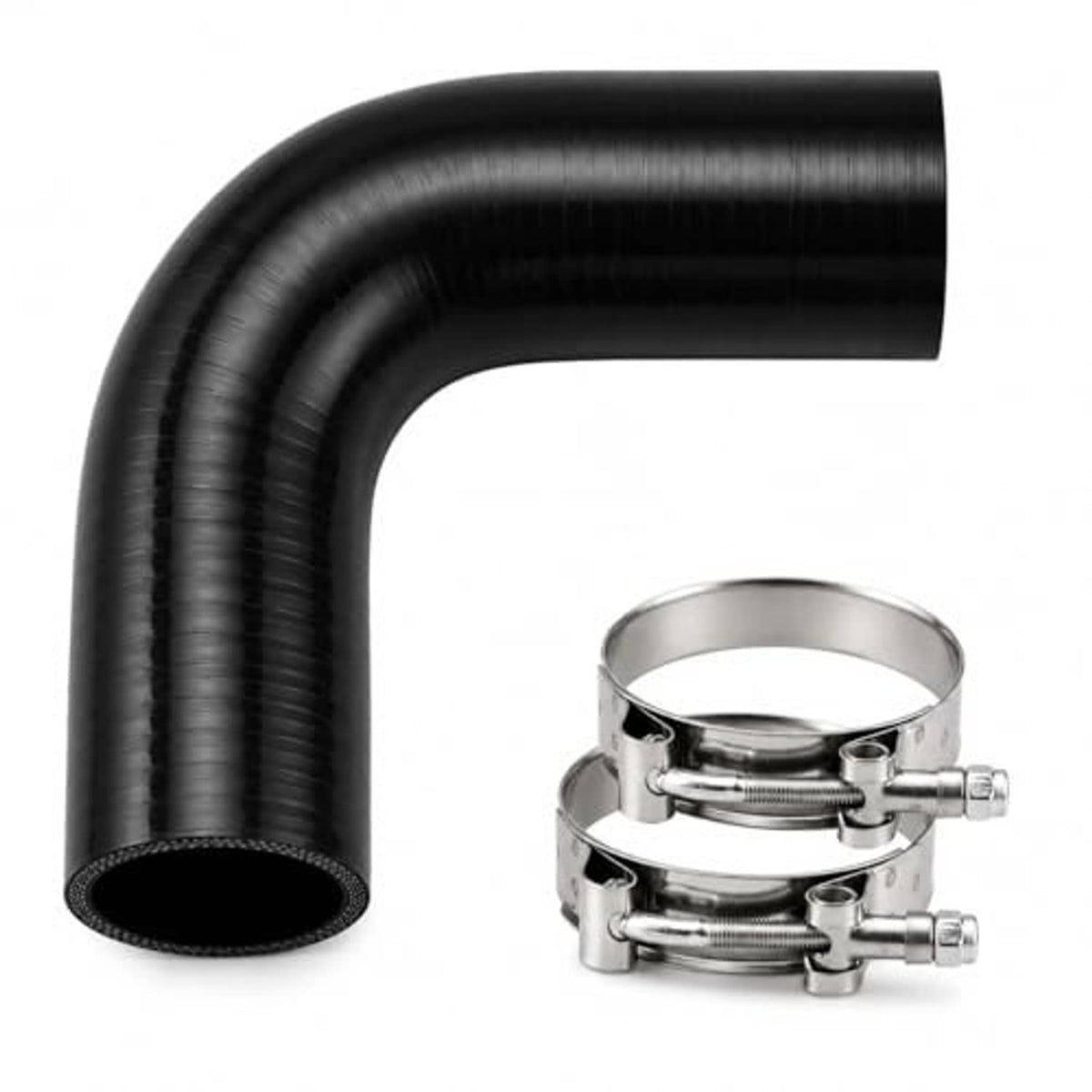 Black 90-degree silicone hose elbow with two metal clamp bands