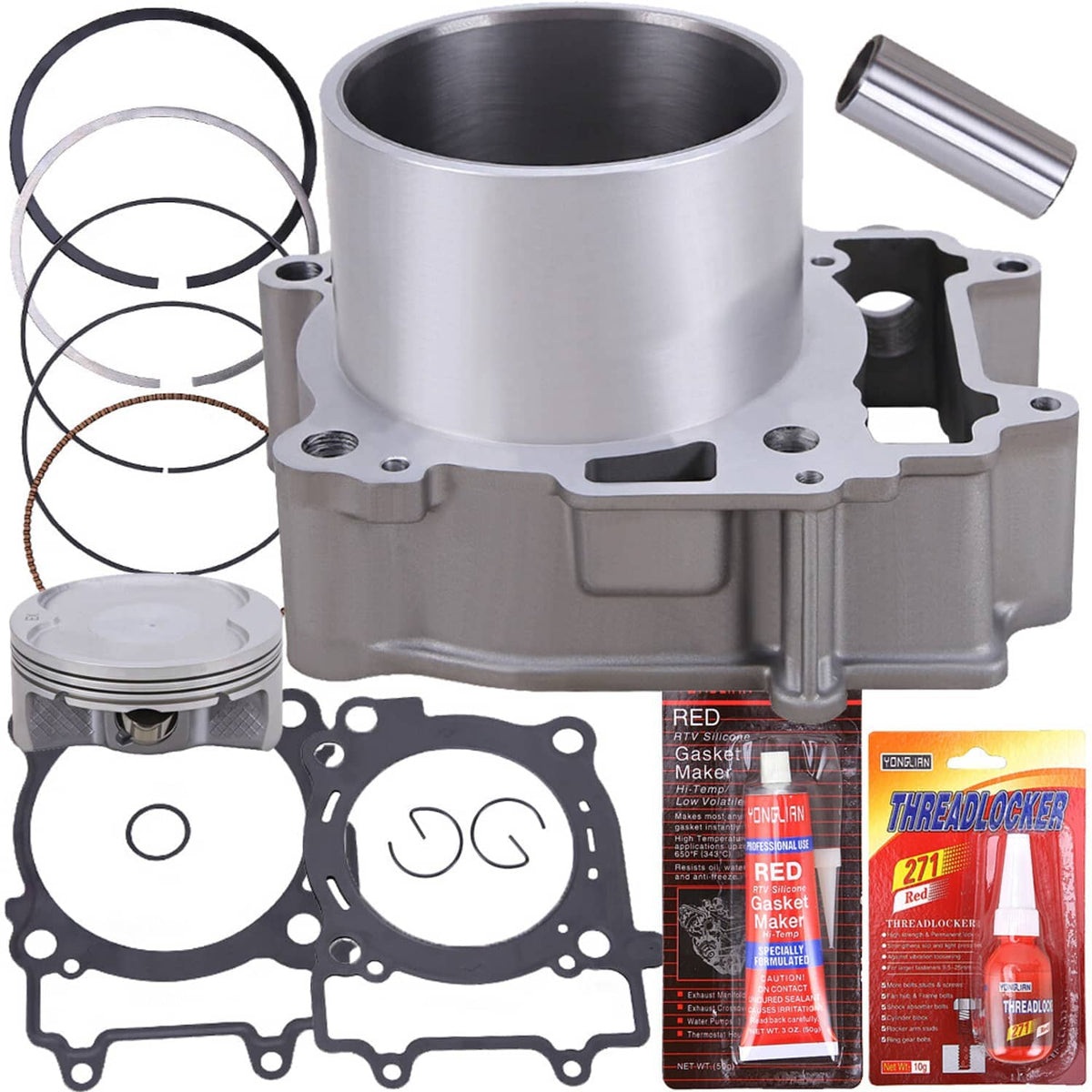 Cylinder block and piston top end kit with rings and gaskets, shown with sealant packets.
