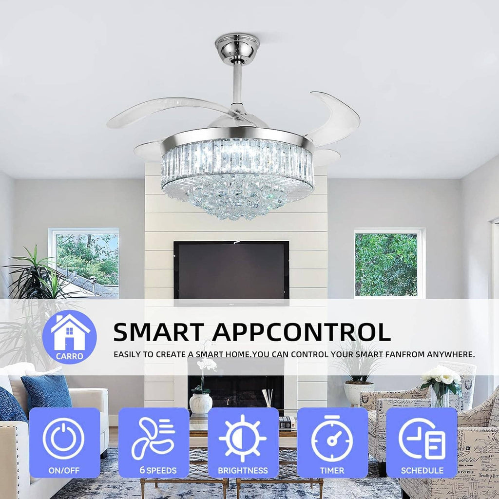 Chrome ceiling fan with crystal light over a living room setup with smart app controls