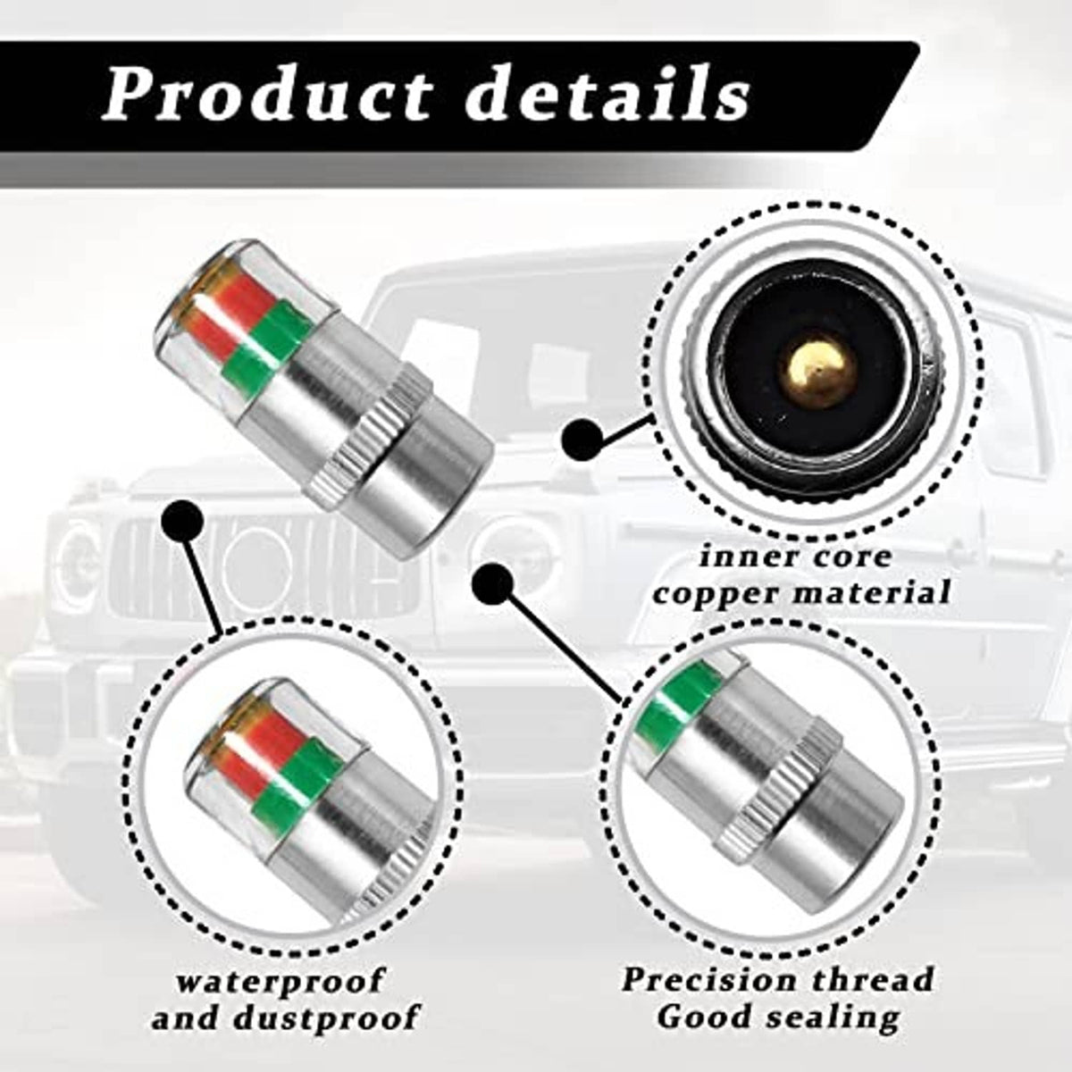 Metal tire valve stem cap with red-and-green band and visible brass inner core