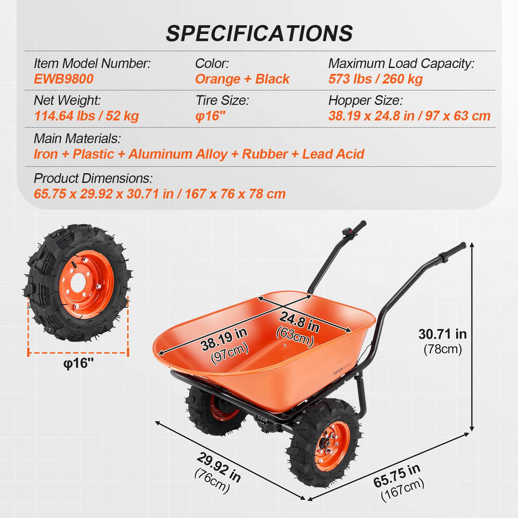 Orange electric wheelbarrow cart with black handles and four dimension callouts