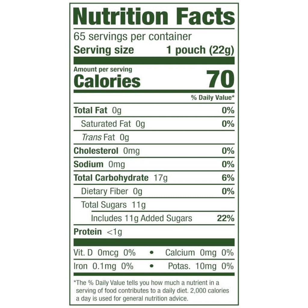 Nutrition facts panel for organic gummy bear pouch, serving size 1 pouch (22g).