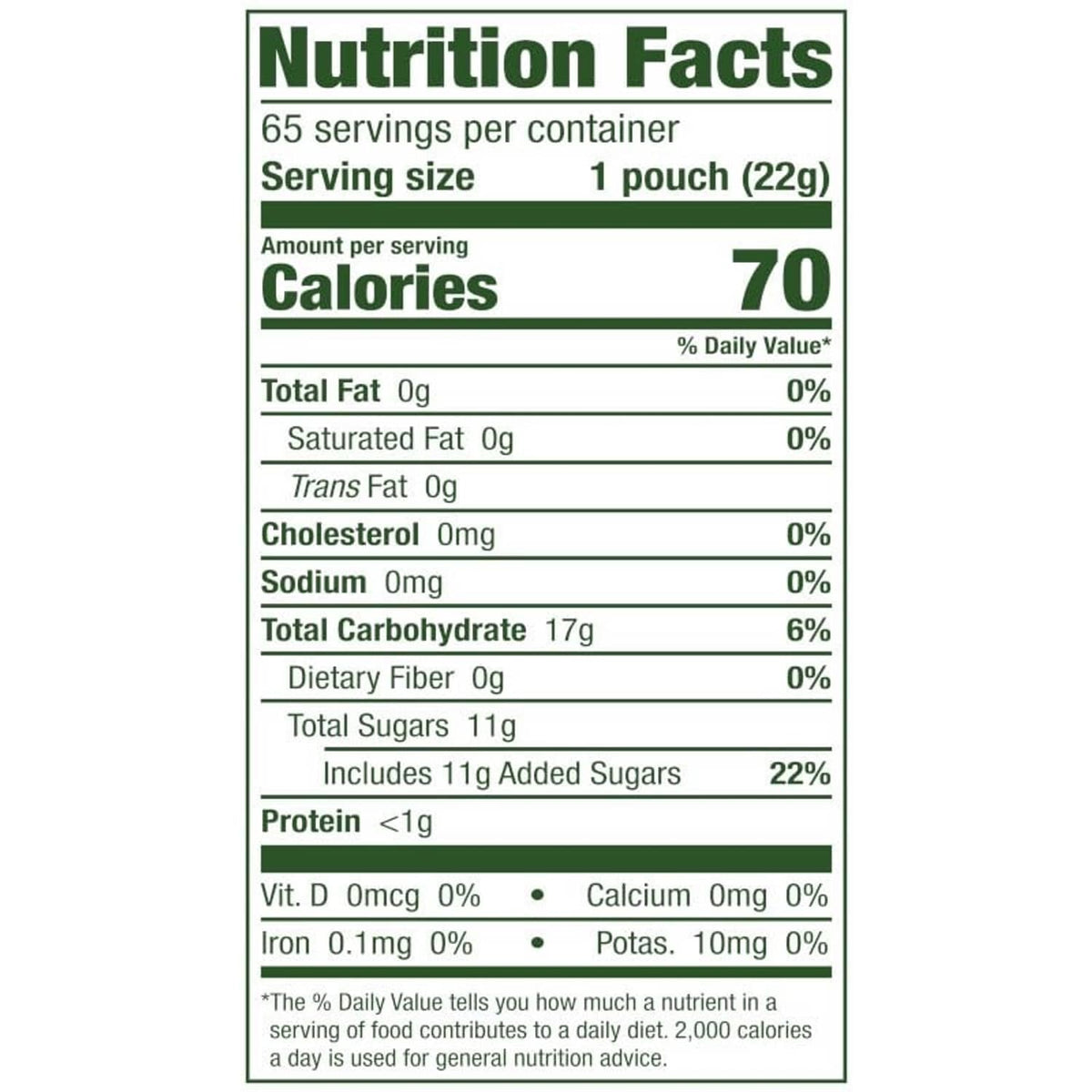 Nutrition facts panel for organic gummy bear pouch, serving size 1 pouch (22g).