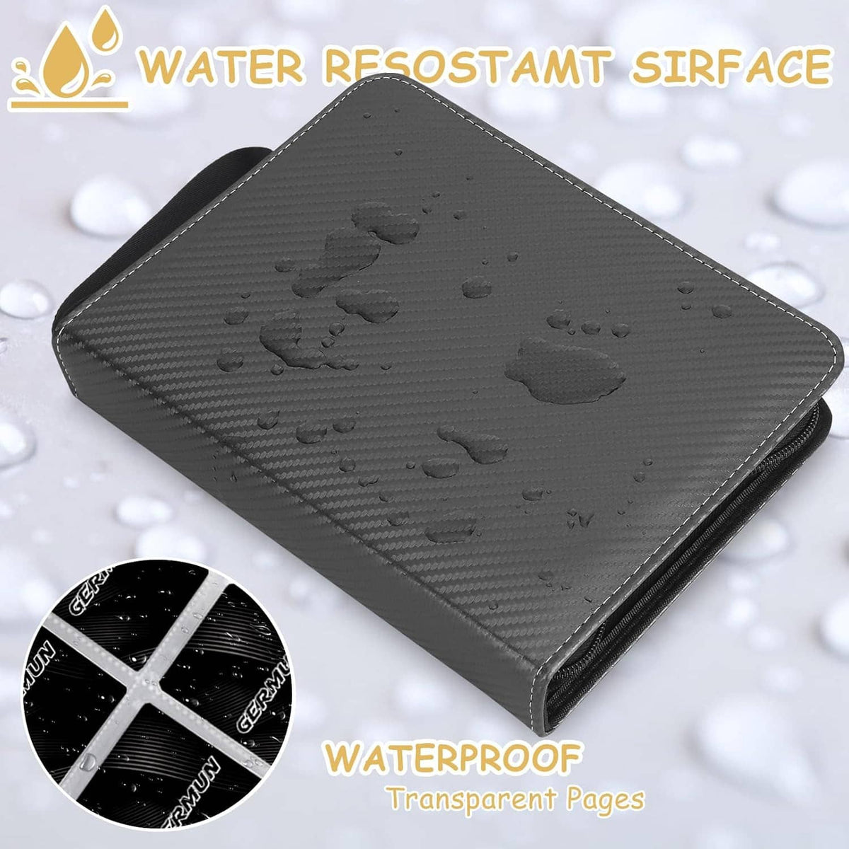 Black carbon-fiber card binder cover with water droplets on textured surface